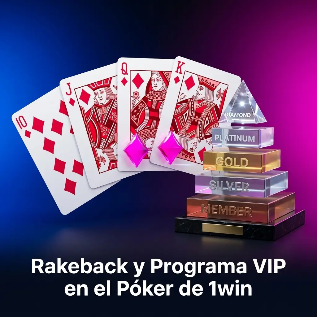 Jugador de póker en 1win recibiendo rakeback semanal automático según su nivel VIP, hasta 50% de reembolso